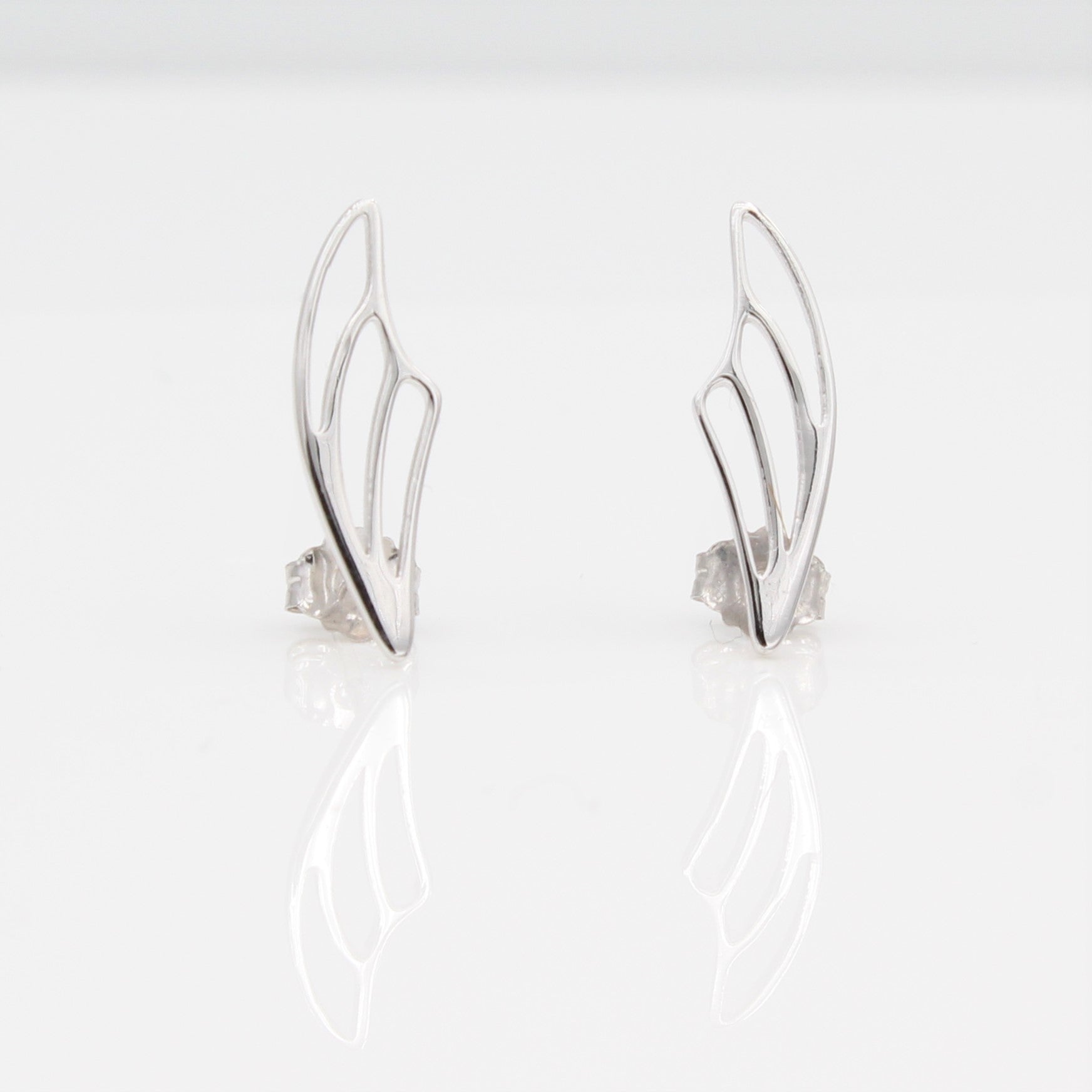 14k White Gold Fairy Wing Ear Climbers Earrings with Posts, front view.