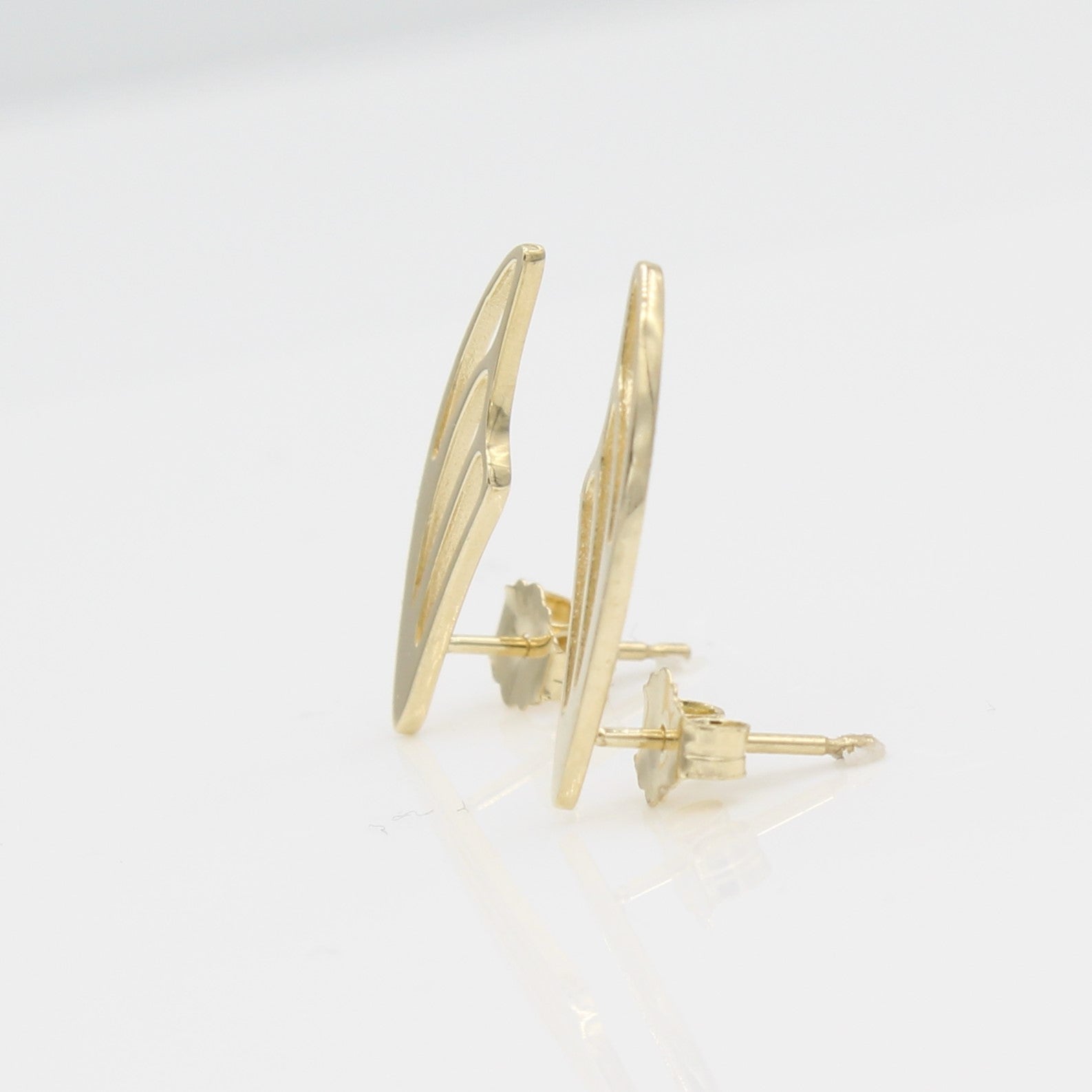 14k Yellow Gold Fairy Wing Ear Climbers Earrings with Posts, side view from right with a peak of the earring posts and backs. 