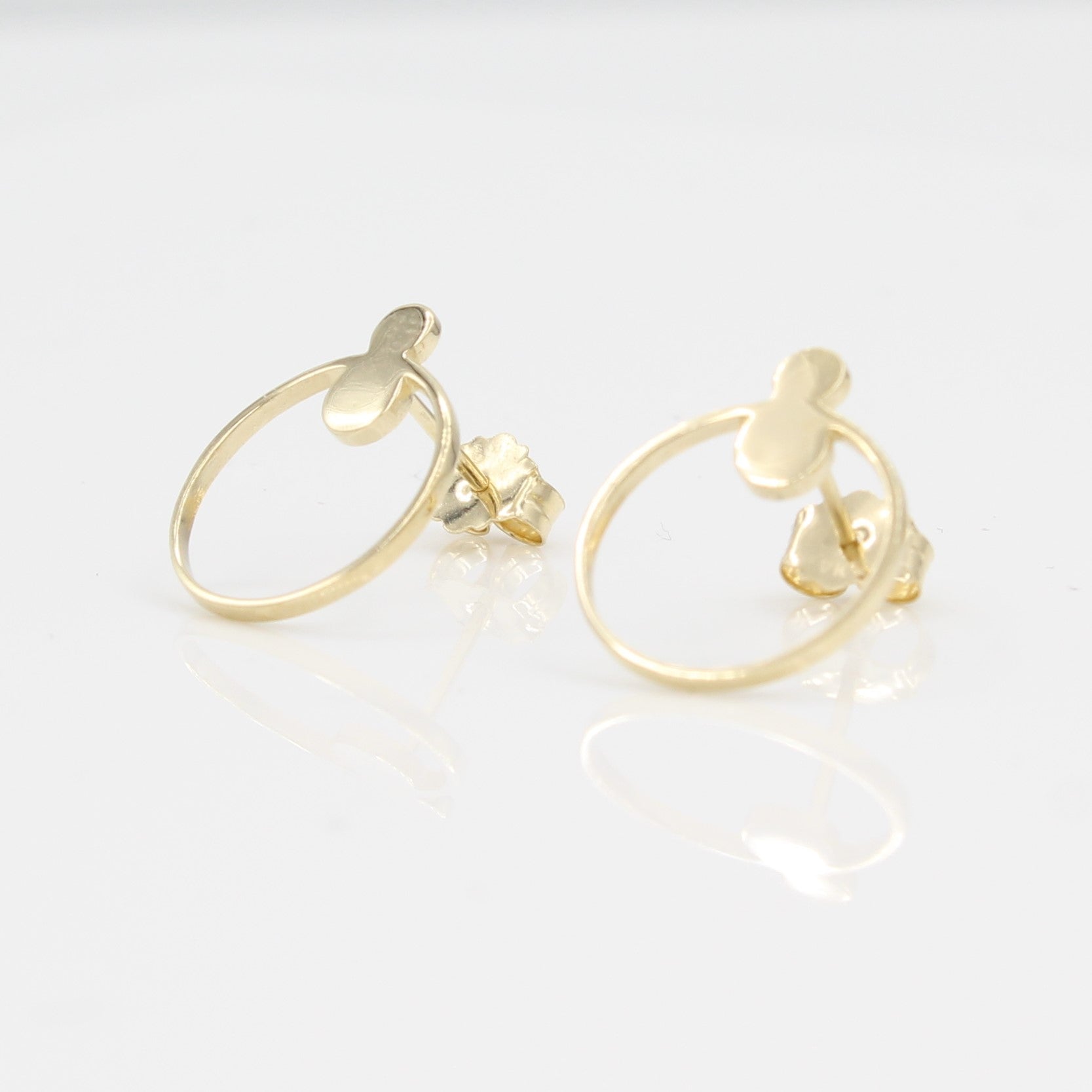 14k Yellow Gold Open Circle Front Facing Hoop Stud Earrings, right angle view