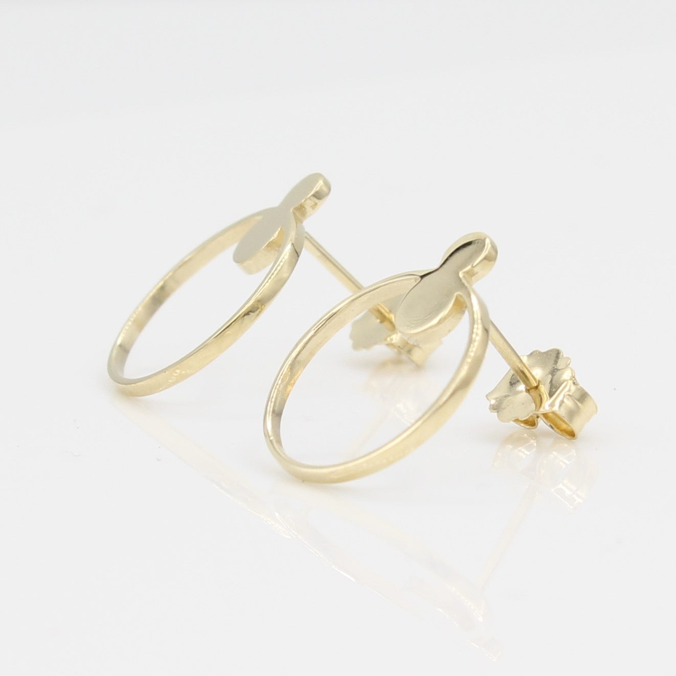 14k Yellow Gold Open Circle Front Facing Hoop Stud Earrings, right angle view with a peak at the posts and earring backs