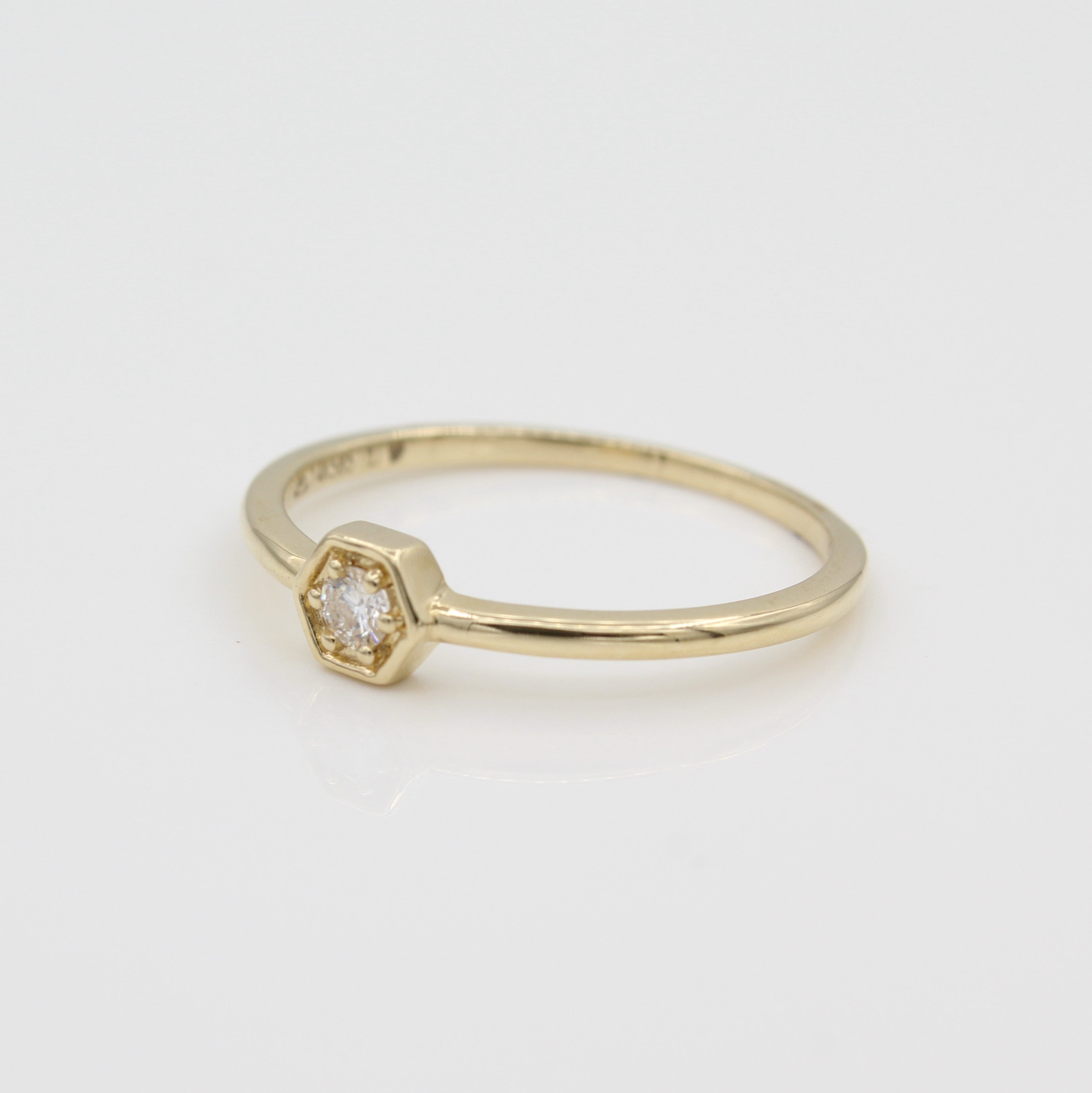 14k Yellow Gold Petite Hexagon Stackable Diamond Ring, side view from right. 