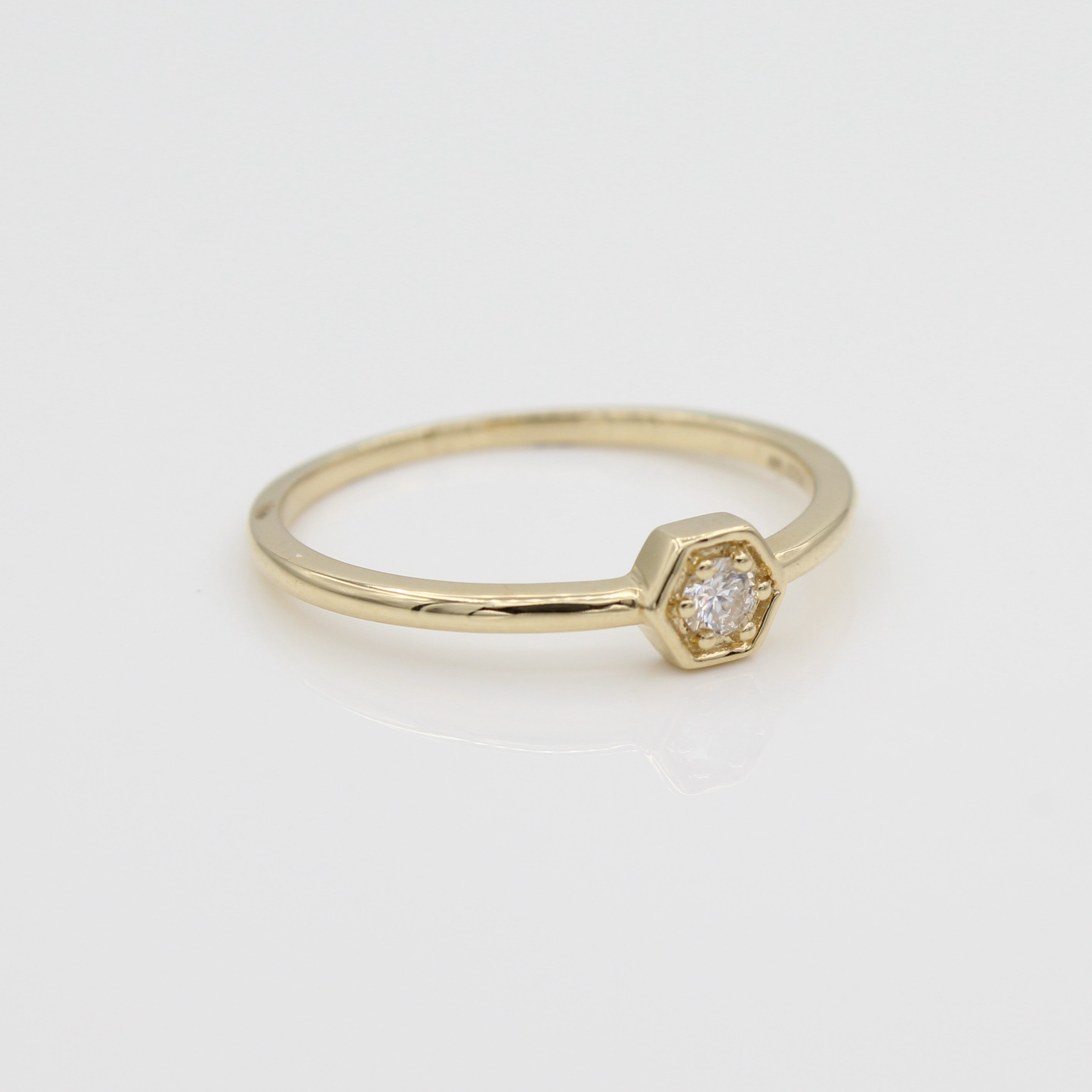 14k Yellow Gold Petite Hexagon Stackable Diamond Ring, side view from left. 