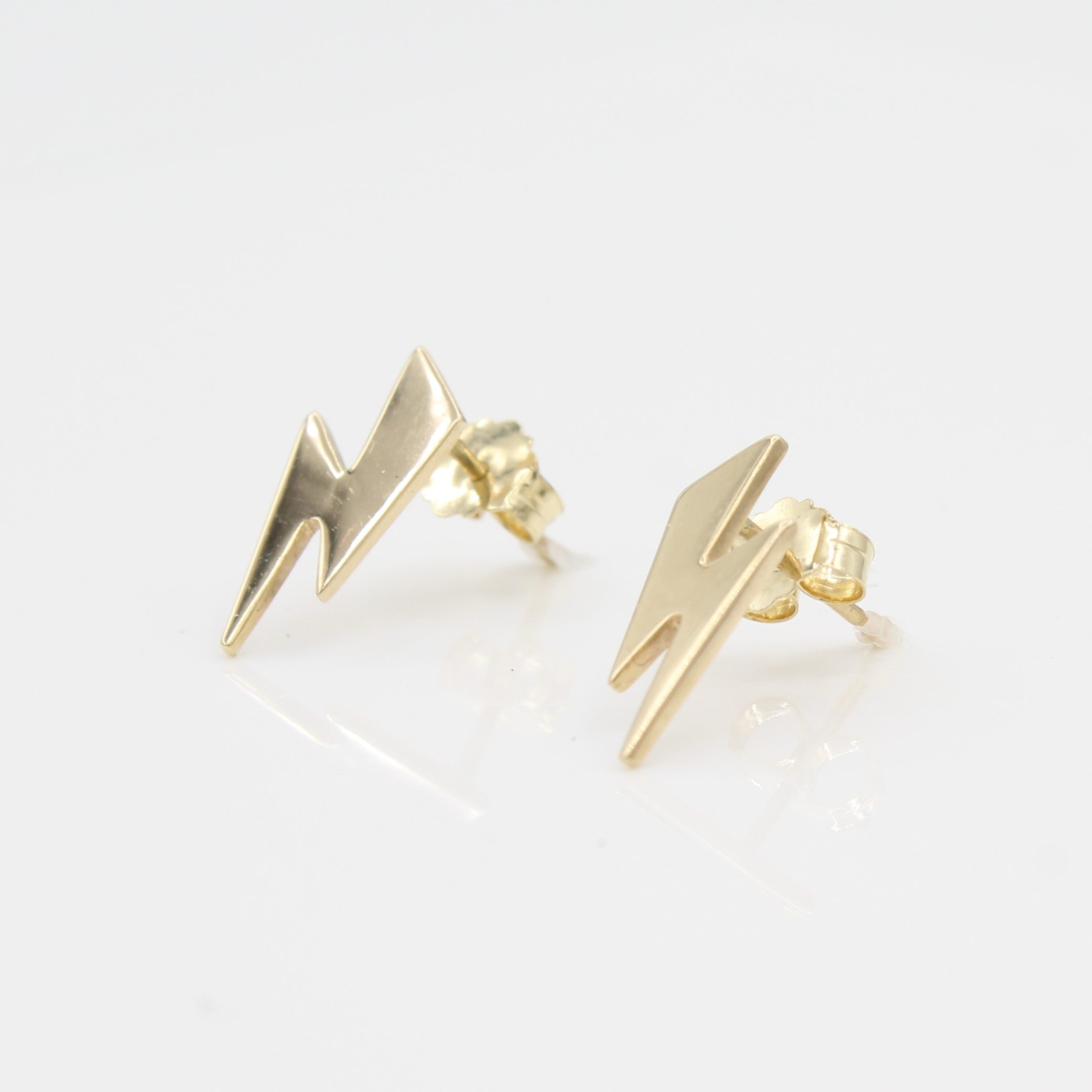 14k Yellow Gold Striking Lightning Bolt Earrings, right angle view of pair. 