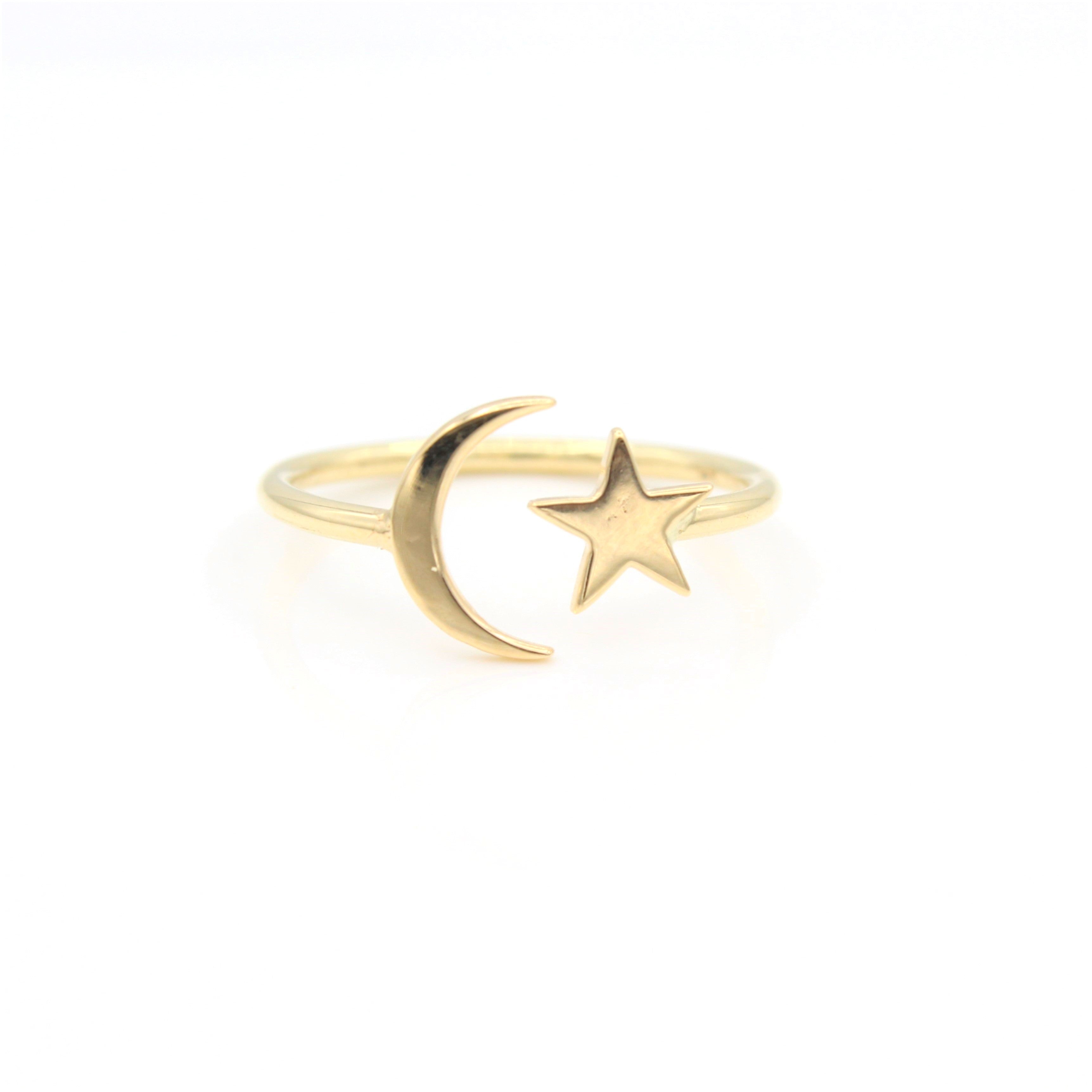14k Yellow Gold Celestial Star & Moon Open Ring, close-up front view.