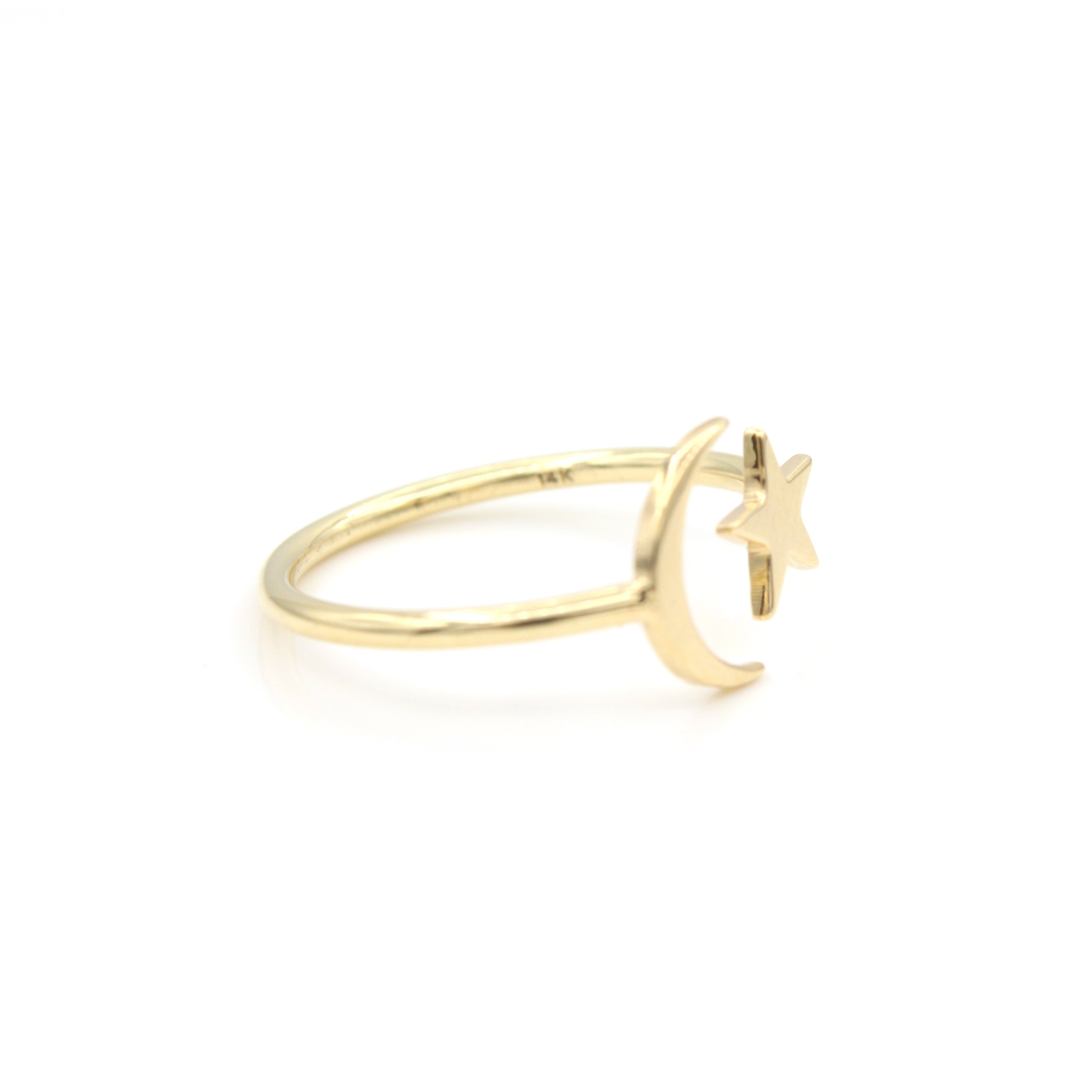 14k Yellow Gold Celestial Star & Moon Open Ring, side view from left. 