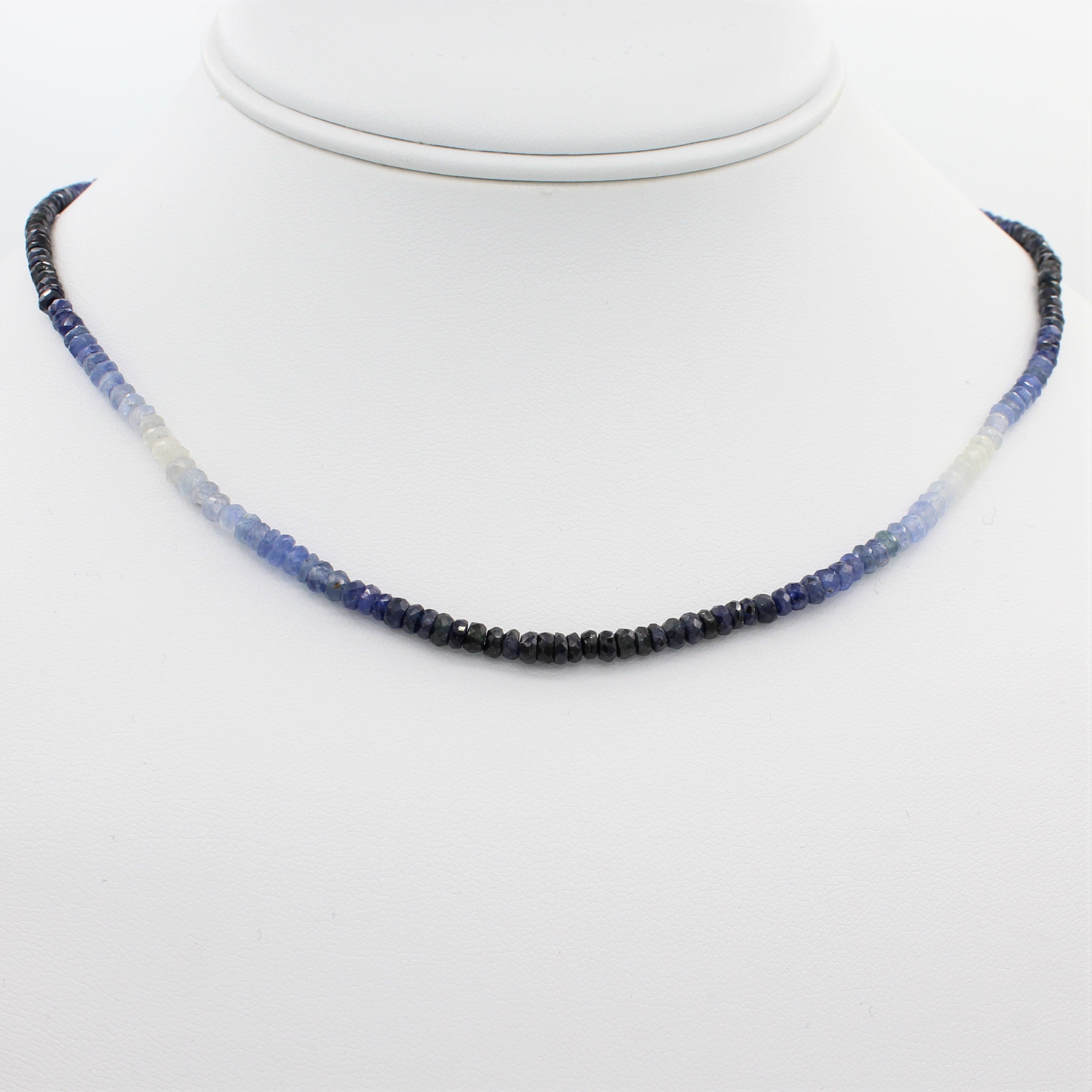 Beauty in Blue 40CT Adjustable Ombre Sapphire Choker Necklace, front view of necklace displayed on a mannequin neckline. 