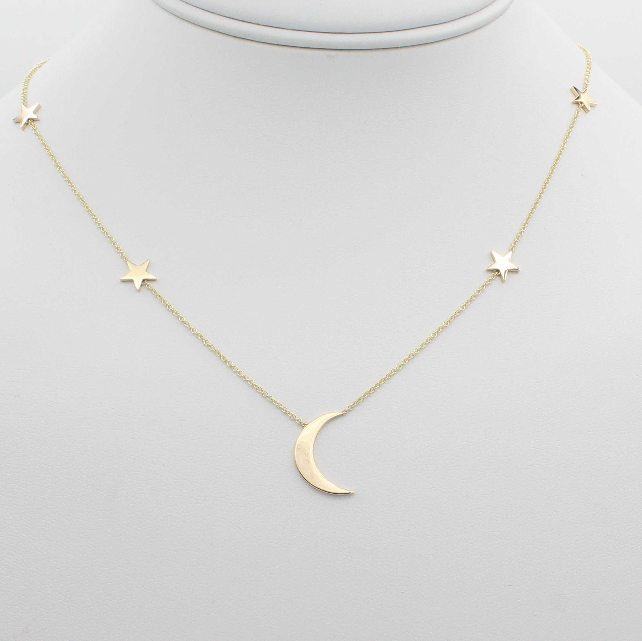 14k Yellow Gold Shoot for the Moon Station Necklace, front view of necklace highlighting the five station star and moon design.