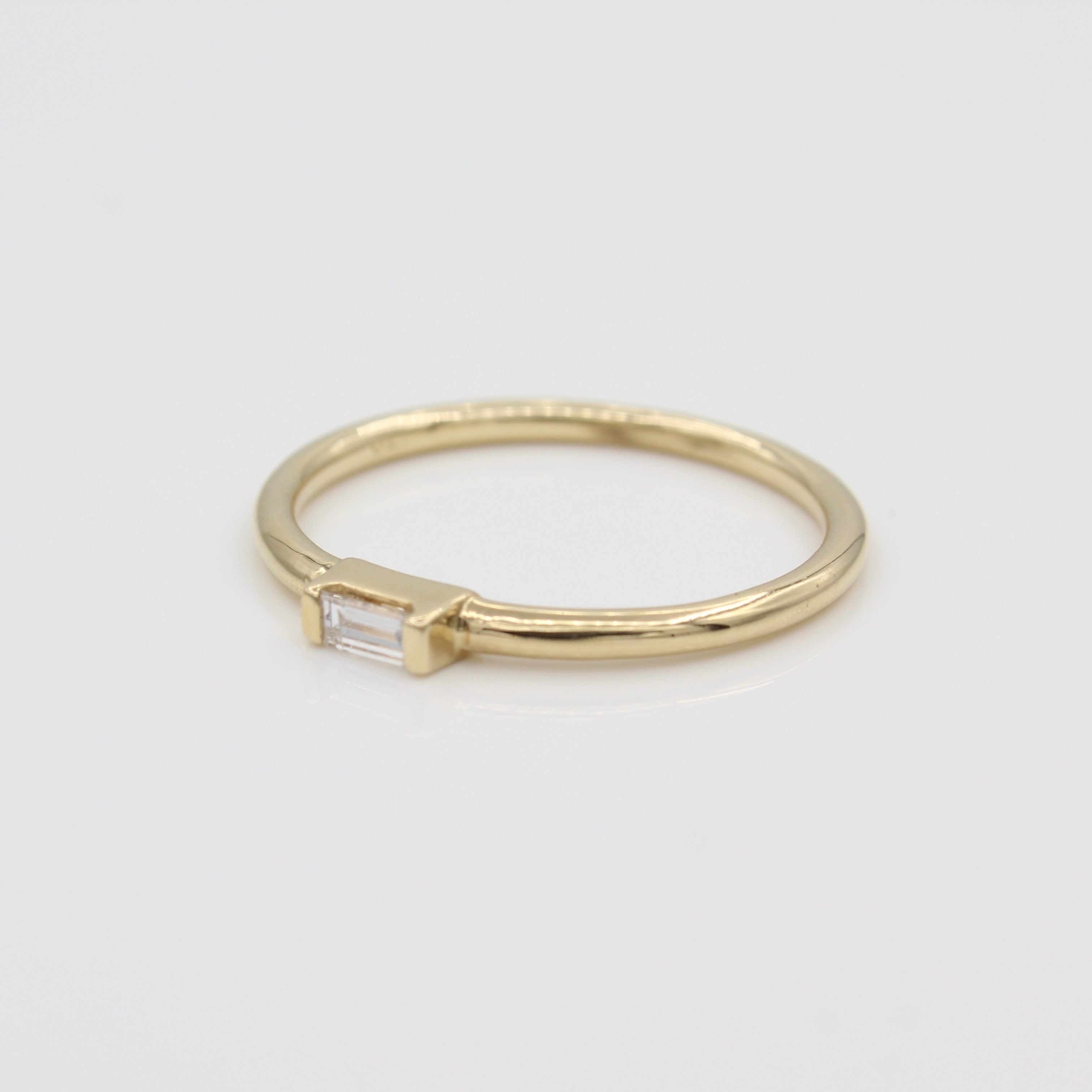 14k Yellow Gold East-West Diamond Baguette Stackable Ring, side view from right. 