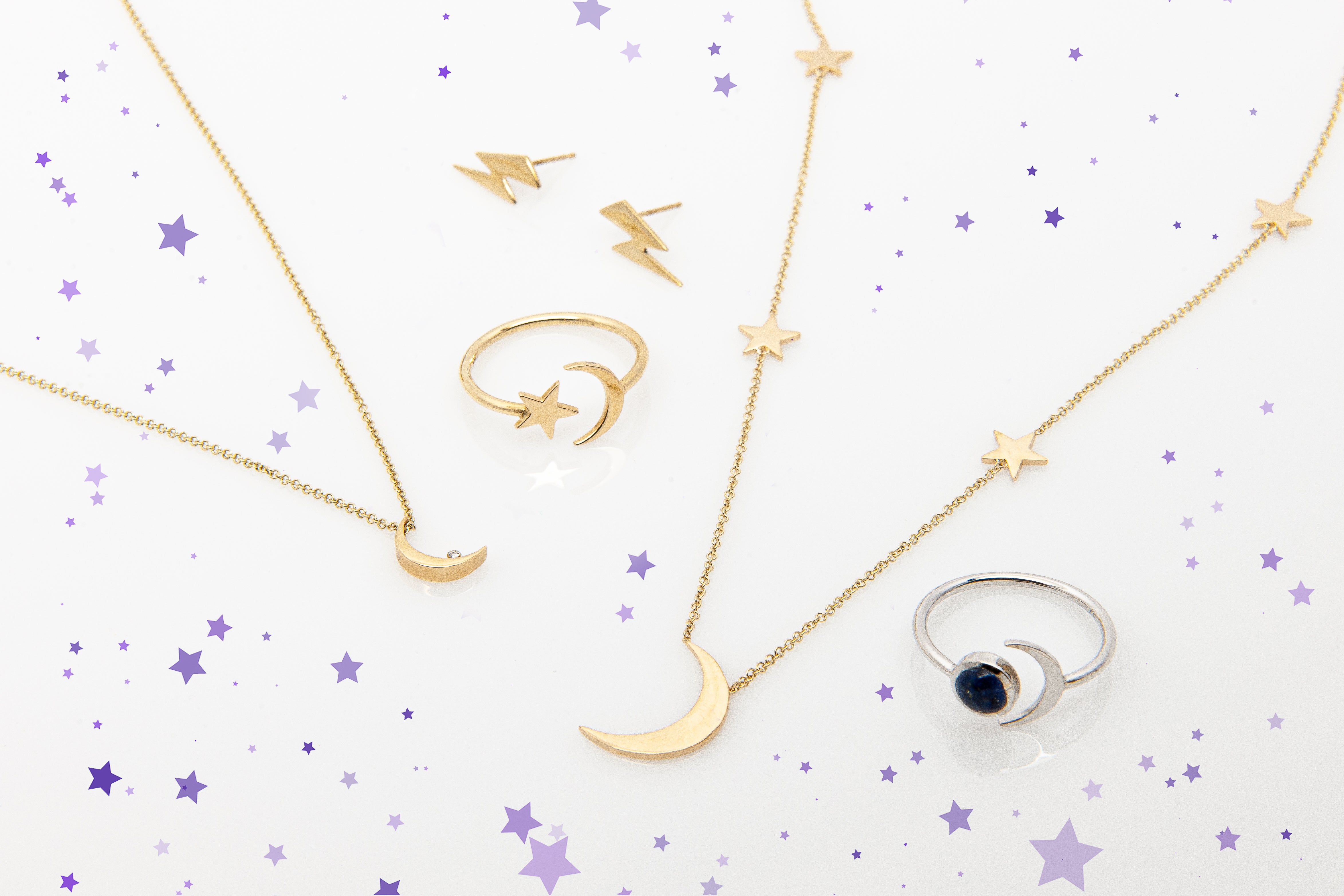 A preview of Starflower Jewelry’s celestial collection, including 14k Yellow Gold Striking Lightning Bolt Earrings